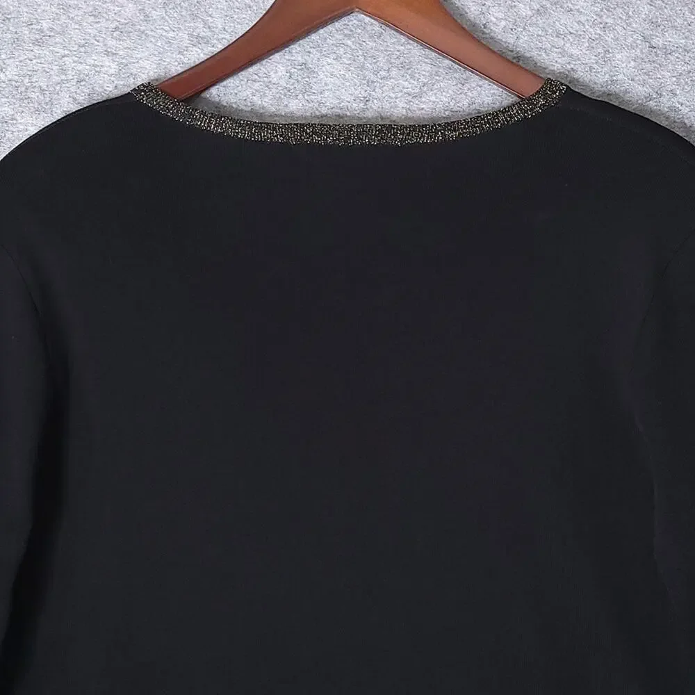 Misook Black Knit Tunic Top Womens Size Large V-Neck 3/4 Sleeve Gold Trim